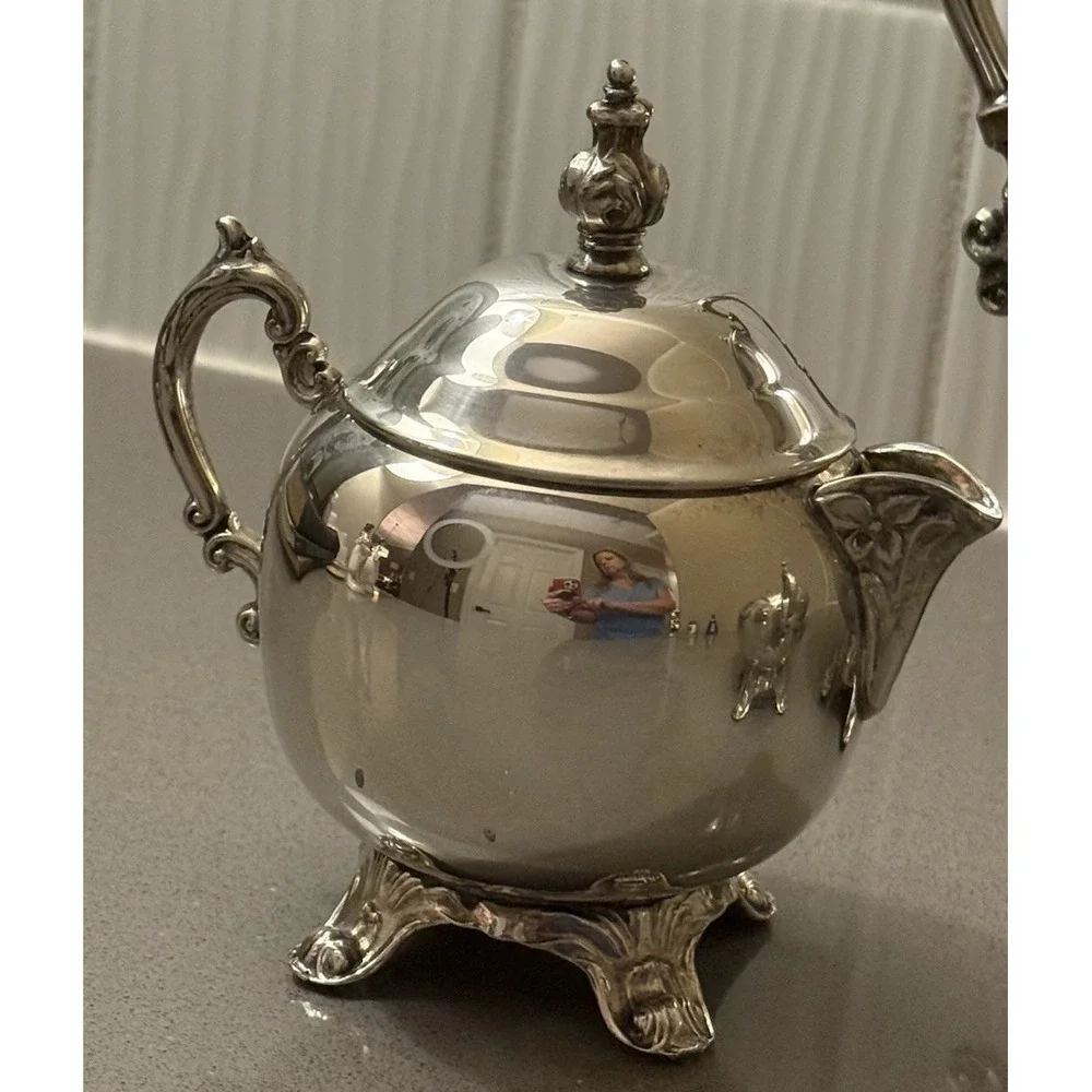Vintage FB Rogers Silverplate Tea Coffee Pot Sugar Creamer W/ Lid Ornate Set 3